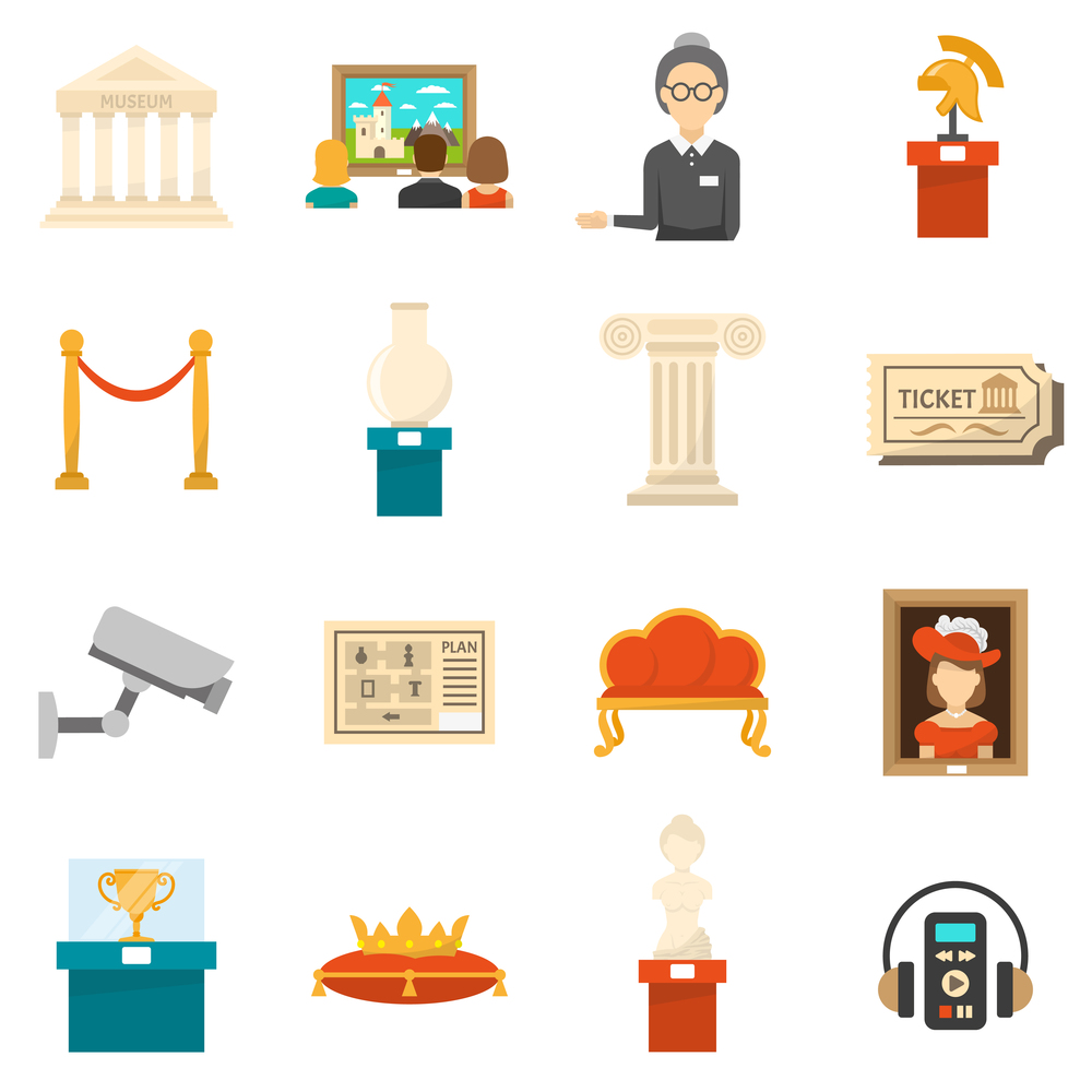 Museum decorative flat color icons set of exhibits audio guide headphones and ticket isolated vector illustration . Museum Decorative Flat Color Icons Set