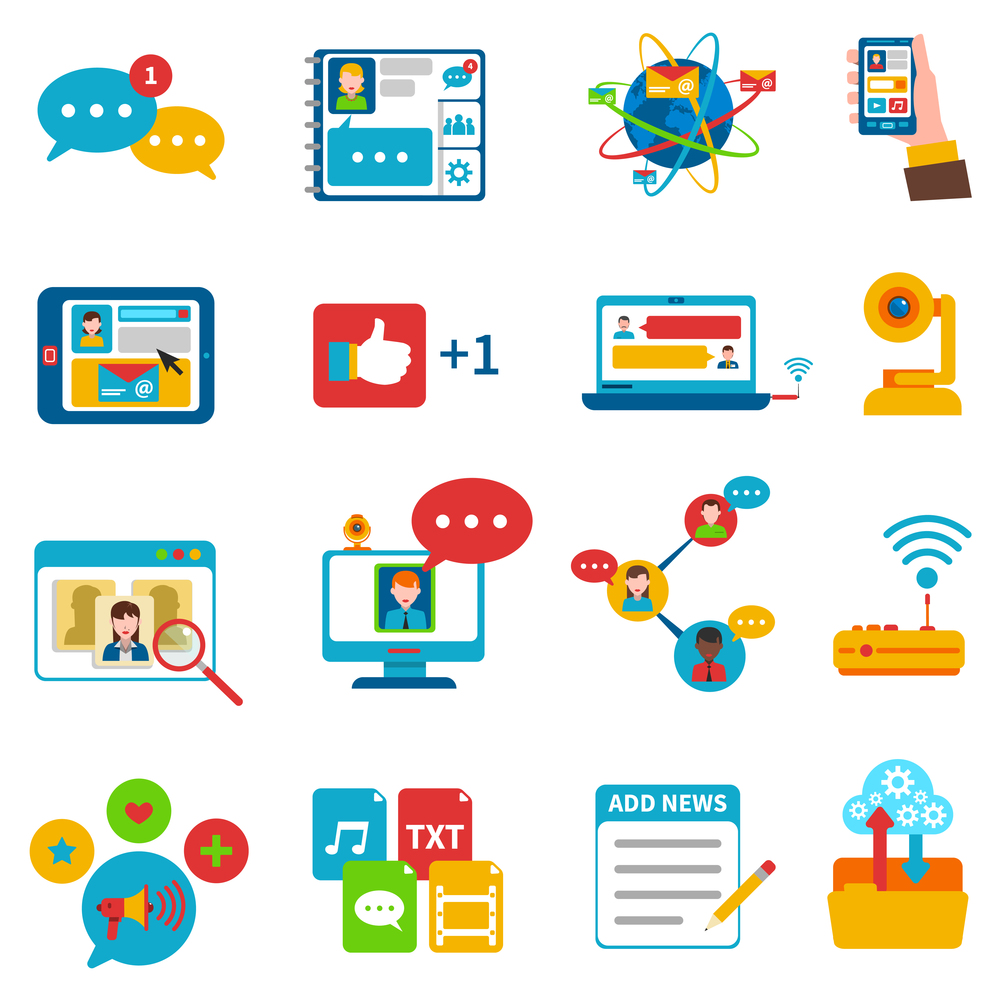 Social network icons set with online communication symbols flat isolated vector illustration . Social Network Icons Set