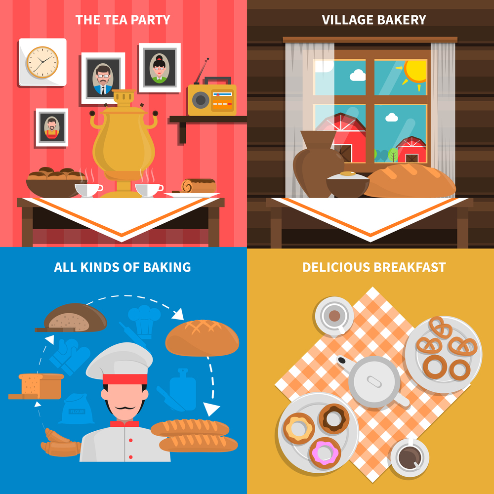 Bakery design concept set with breakfast pastry flat icons isolated vector illustration. Bakery concept set