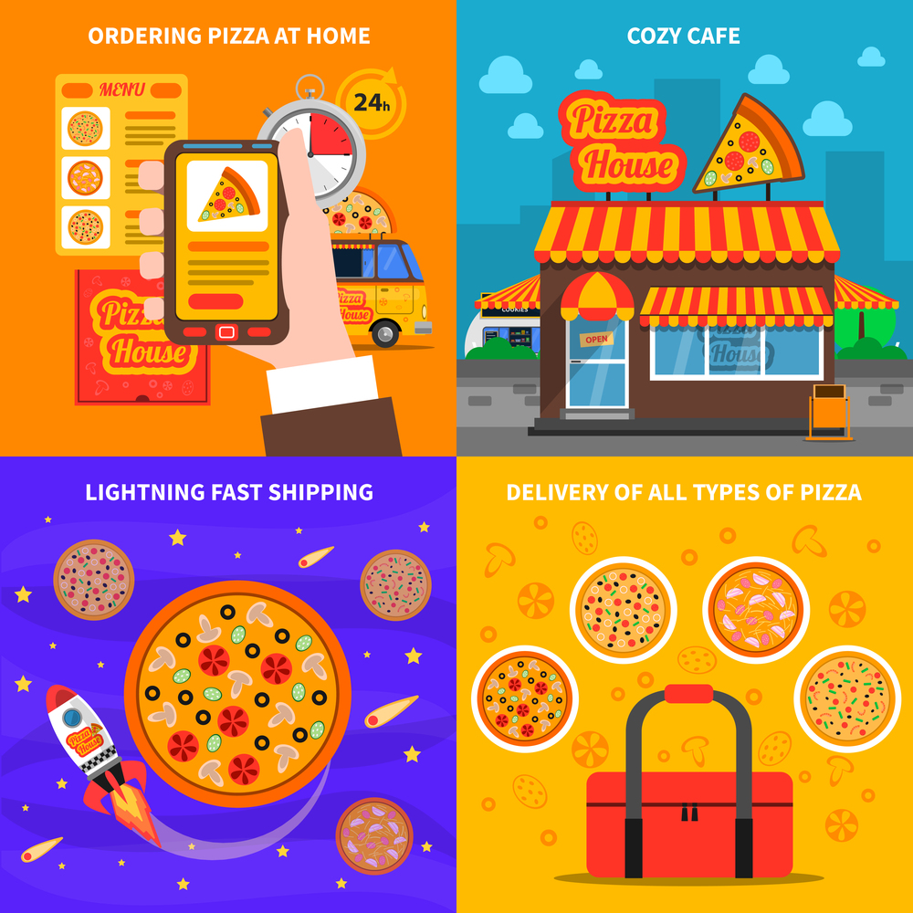 Pizza design concept set with cafe and home delivery flat icons isolated vector illustration. Pizza concept set