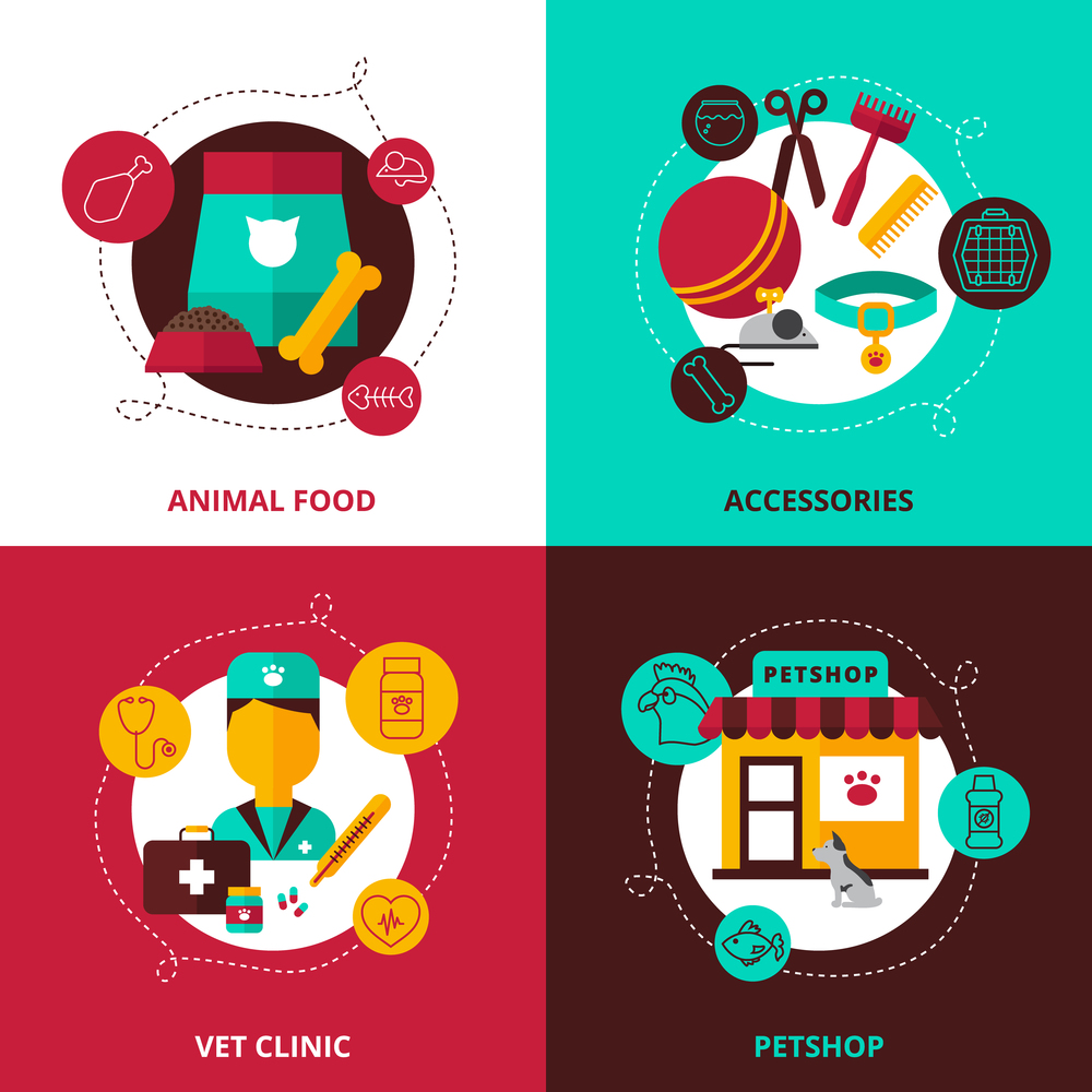 Veterinary 2x2 design concept set of  feed and accessories for animals vet clinic and pet shop compositions flat vector illustration . Veterinary 2x2 Design Concept