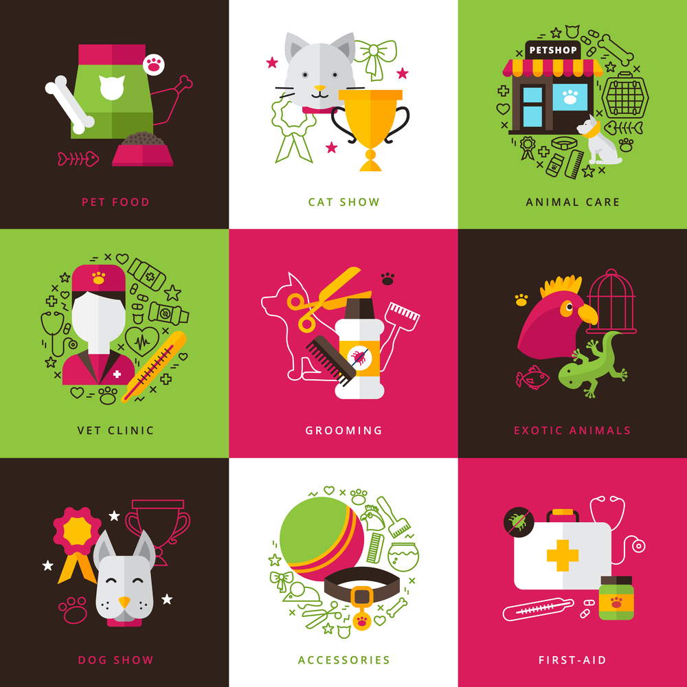 Flat color veterinary icons compositions of exotic animals grooming first aid pet food isolated vector illustration . Veterinary Icons Compositions