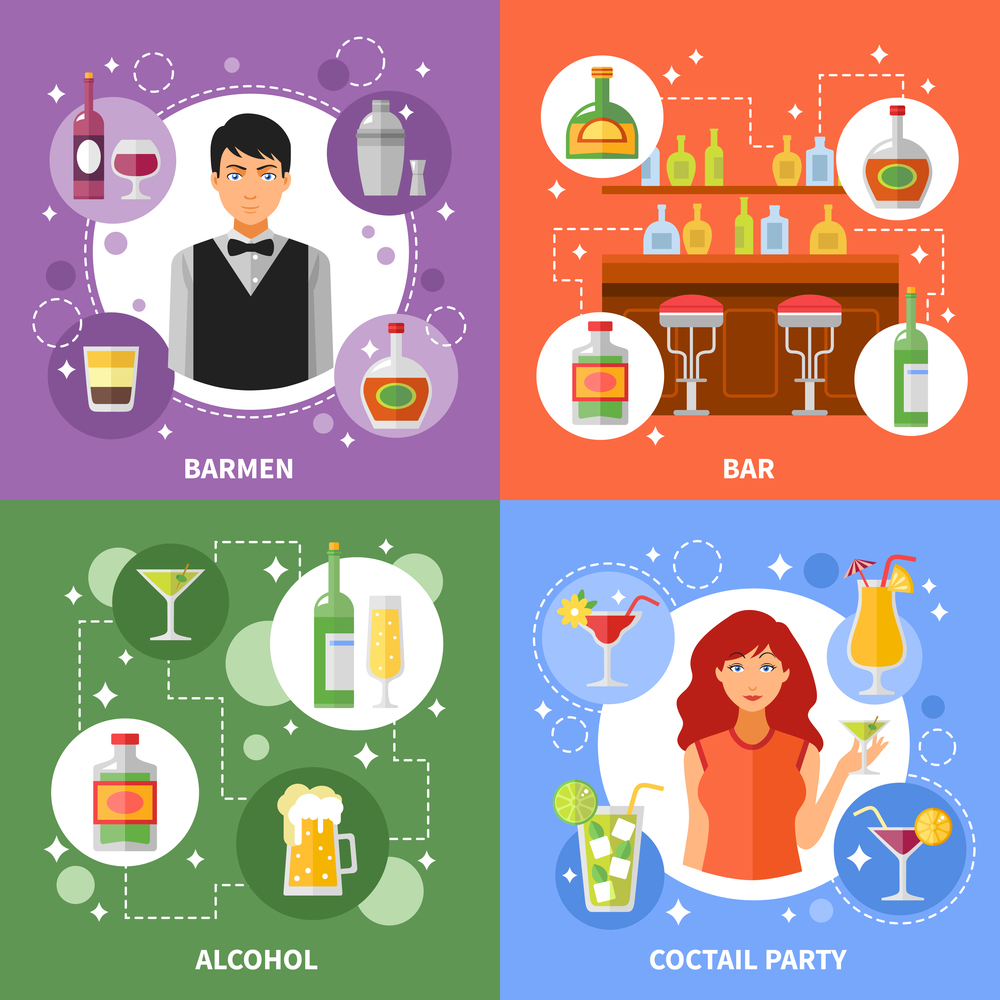 Bar concept 4 flat icons square composition banner with barmen serving alcohol cocktails abstract isolated vector illustration. Bar Concept 4 Flat Icons Square