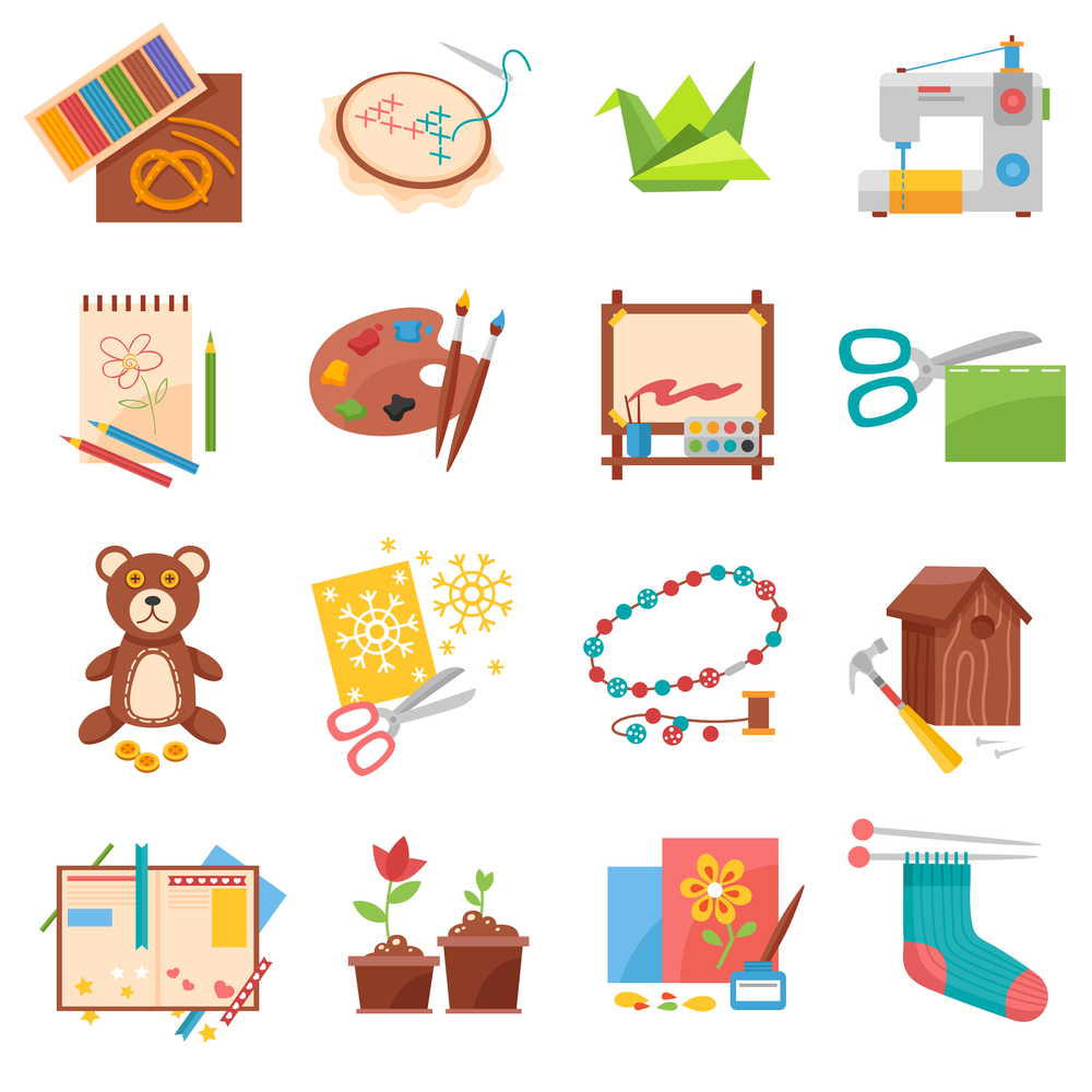 Hobbies flat icons set with sewing origami making and beading isolated vector illustration. Hobbies icons set