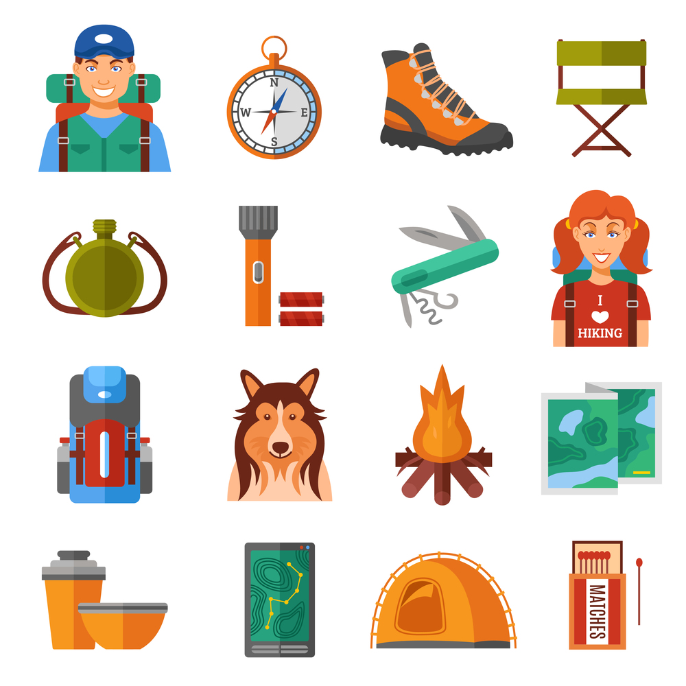 Hiking flat color isolated icons set with travelers compass tent campfire tourist accessories vector illustration  . Hiking Flat Color Icons Set