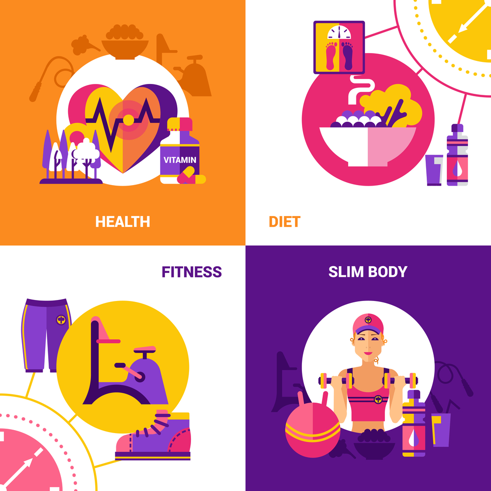 Fitness 2x2 flat design concept set with icons of healthy food wellness diet fitness equipment and exercises for slim body vector illustration. Fitness 2x2 Design Concept Set