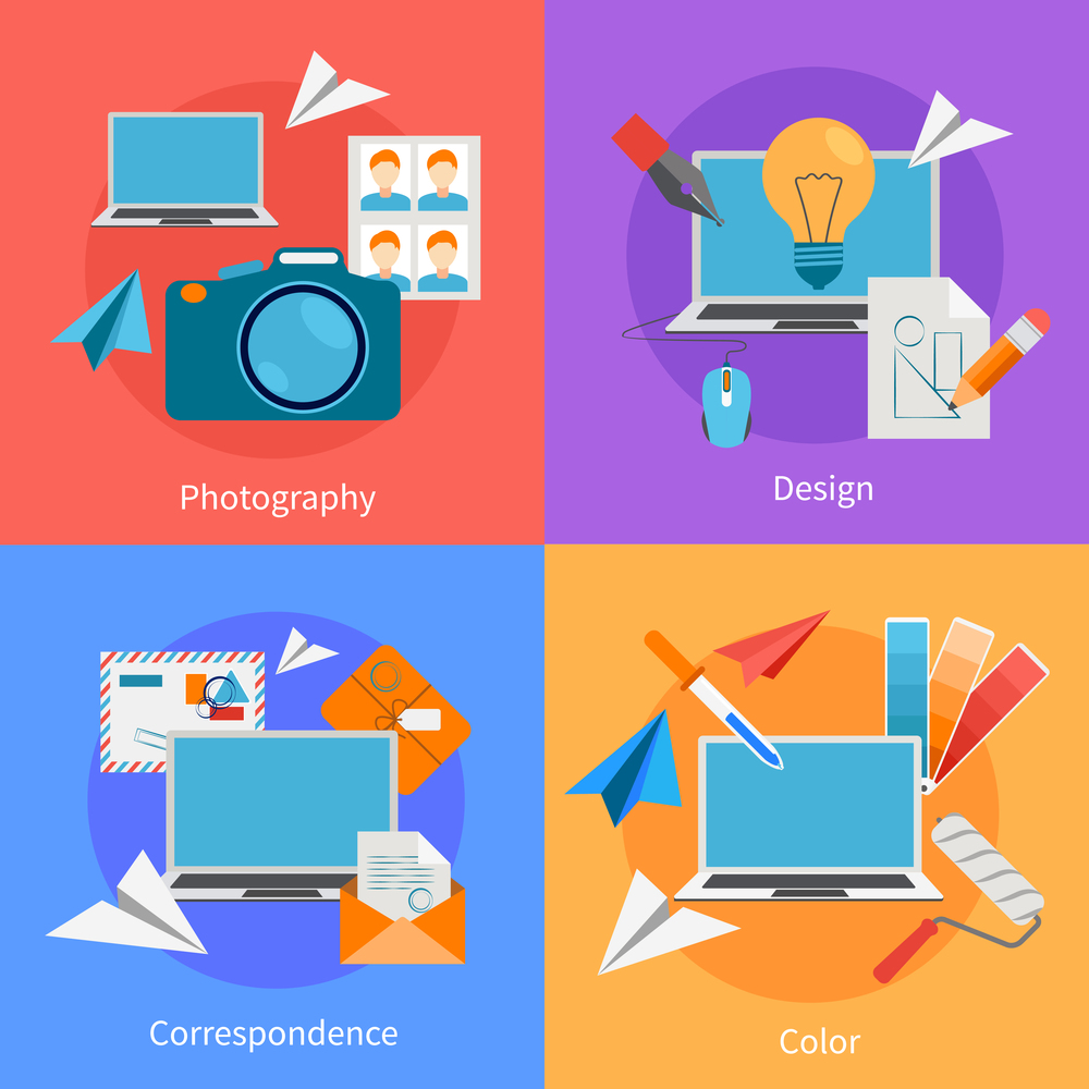 Set of flat square design concept icons for correspondence and  photography services  vector illustration . Set Of Flat Square Design Concept Icons
