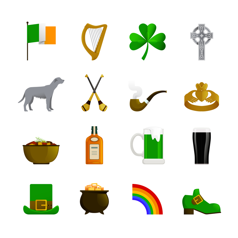Ireland flat color decorative icons with leprechaun green hat and shoe rainbow pot with gold irish terrier and bottle of whisky. Ireland Flat Color Icons