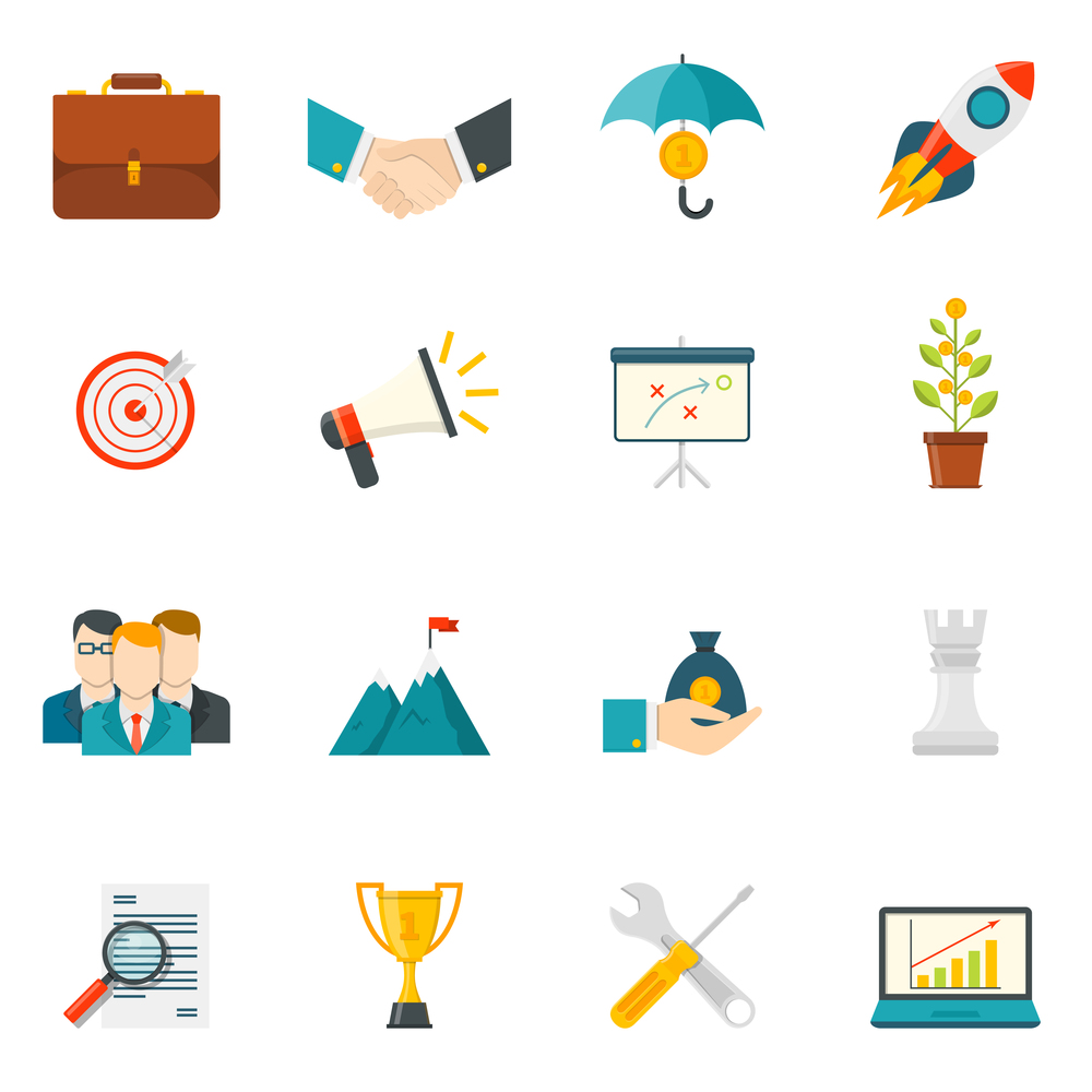 Entrepreneurship flat color icons set with business startup work in team leadership handshake elements isolated vector illustration  . Entrepreneurship Flat Color Icons