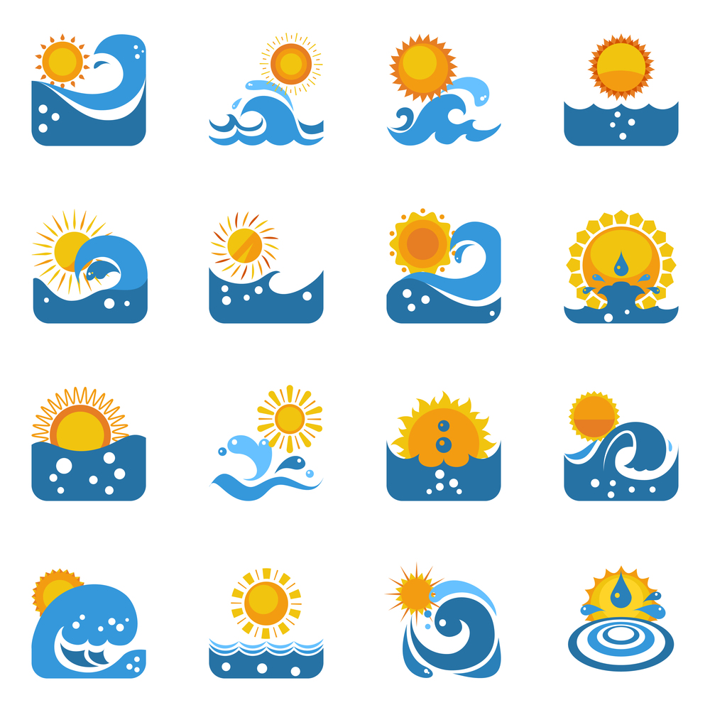Blue swirling waves flat icons set with yellow sun disk and rays  isolated vector illustration . Blue Wave With Sun Icons Set
