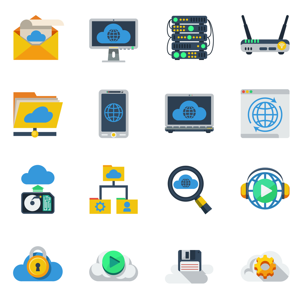 Cloud service flat color icons set of router smartphone laptop hub diskette sim card isolated vector illustration . Cloud Service Flat Color Icons