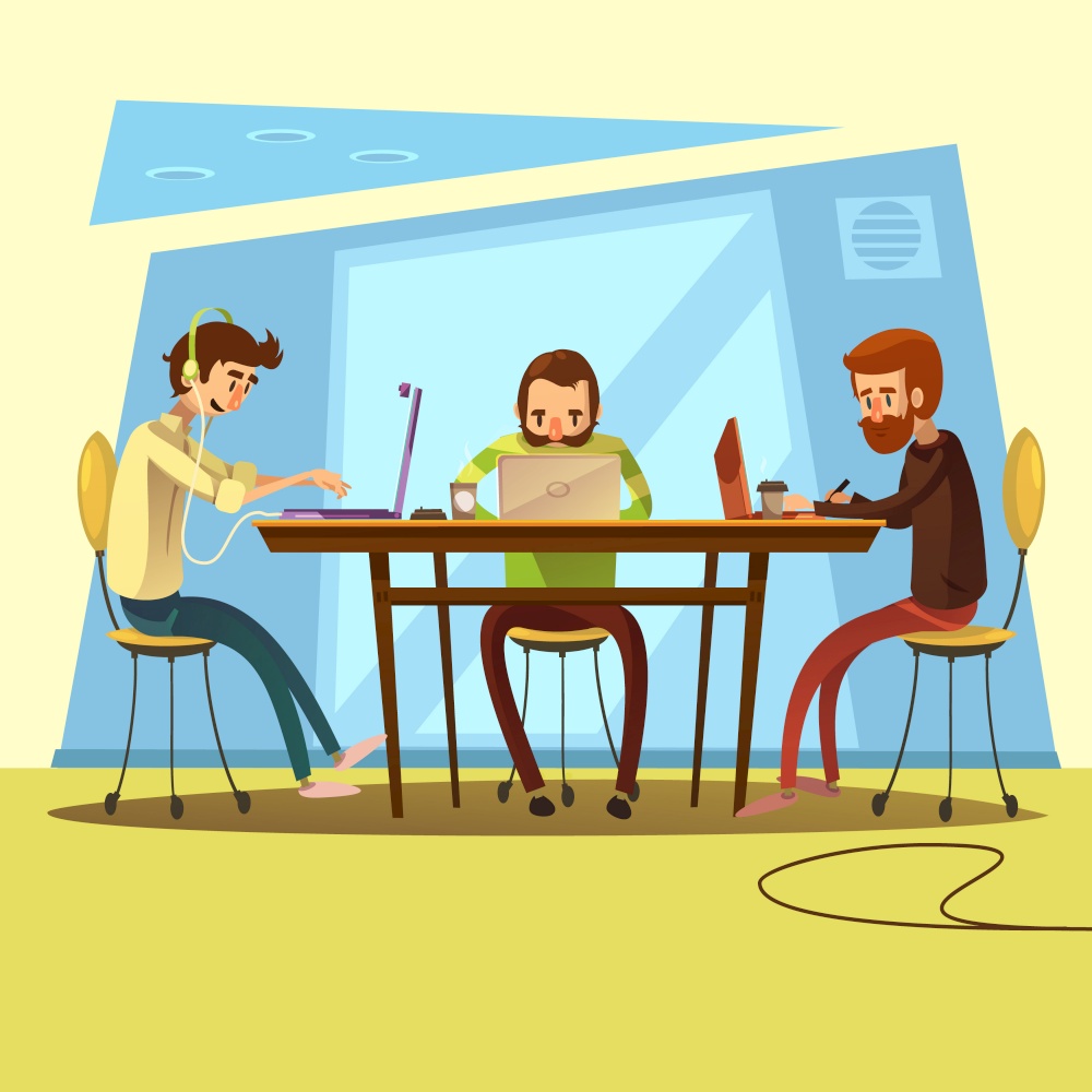 Coworking and business with table and discussion symbols cartoon vector illustration . Coworking And Business Illustration