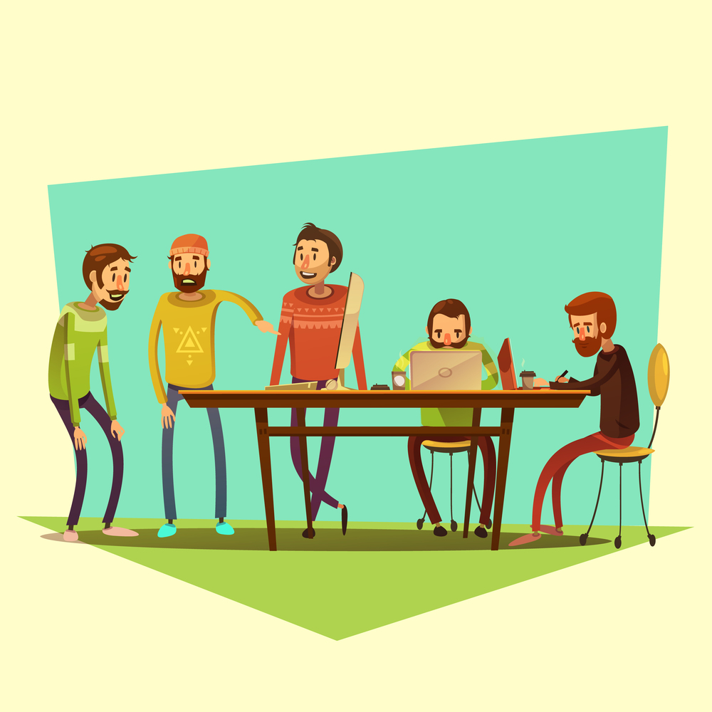 Coworking and people with laptop and coffee on yellow background cartoon vector illustration . Coworking And People Illustration