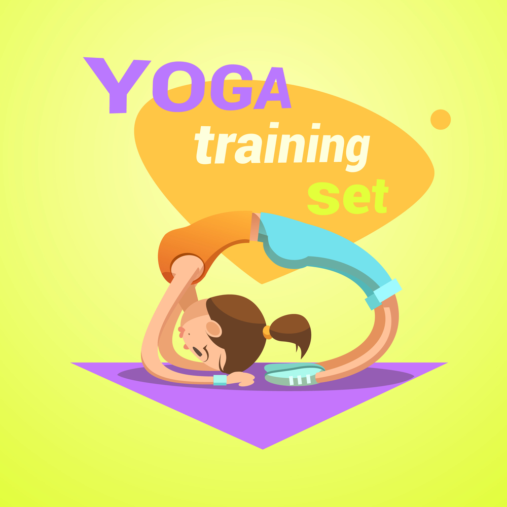 Yoga retro cartoon with young pretty girl practicing stretching workout vector illustration. Yoga retro cartoon