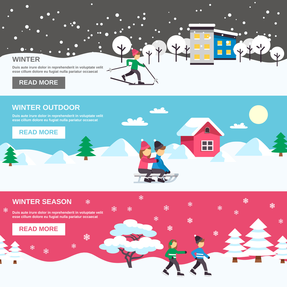 Winter season outdoor activities for children 3 flat interactive banners webpage design abstract isolated vector illustration. Winter Season 3 Flat Banners Set