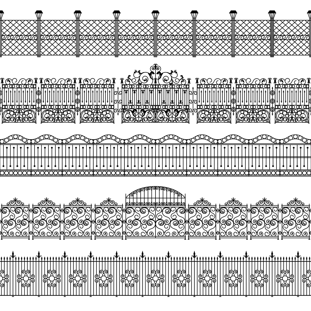 Fences black white border pattern set with forged metal flat isolated vector illustration . Fences Border Pattern Set