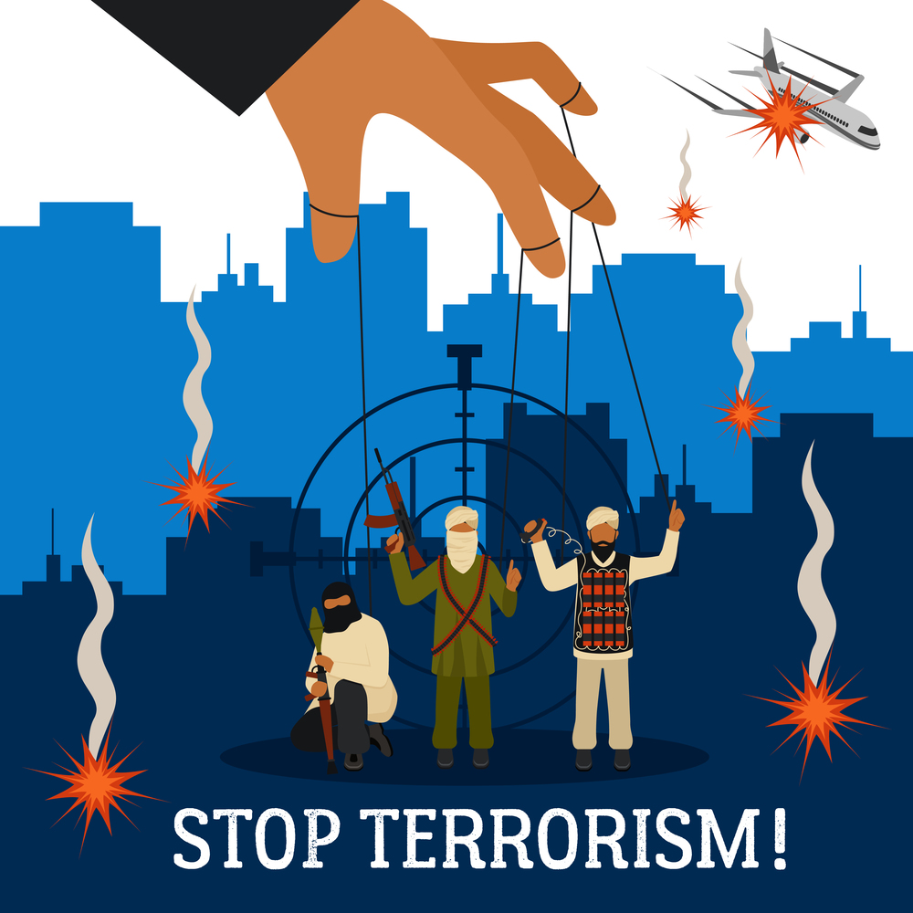 Stop terrorism concept with city plane and  puppet terrorists flat vector illustration. Stop Terrorism Illustration