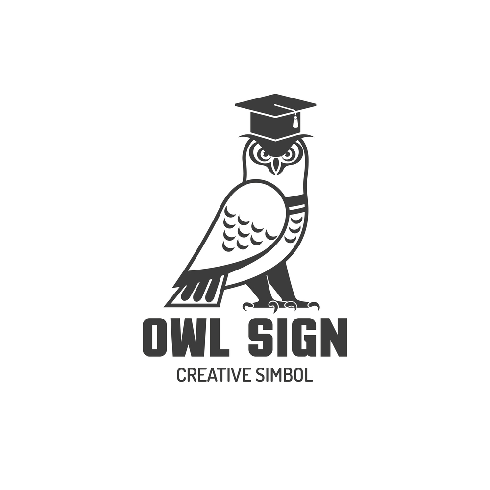 Black and white logotype sign of owl in square academic cap creative simbol flat vector illustration. Owl Flat Logo