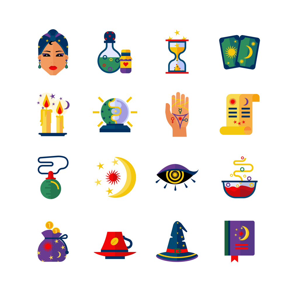 Fortune teller hand palm and card reader woman magic attributes flat icons collection abstract isolated vector illustration. Fortune Teller Attributes Flat Icons Set