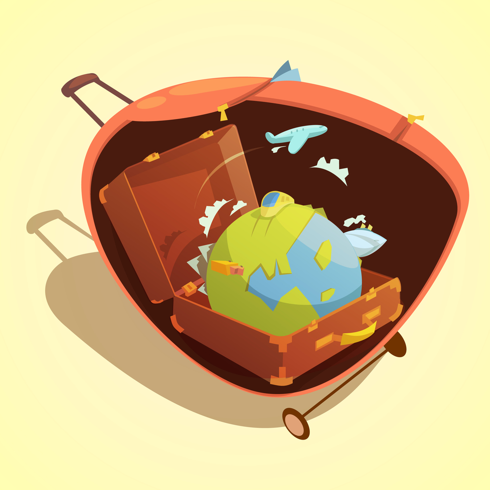 Travel cartoon concept with globe in a suitcase on yellow background vector illustration . Travel Cartoon Concept