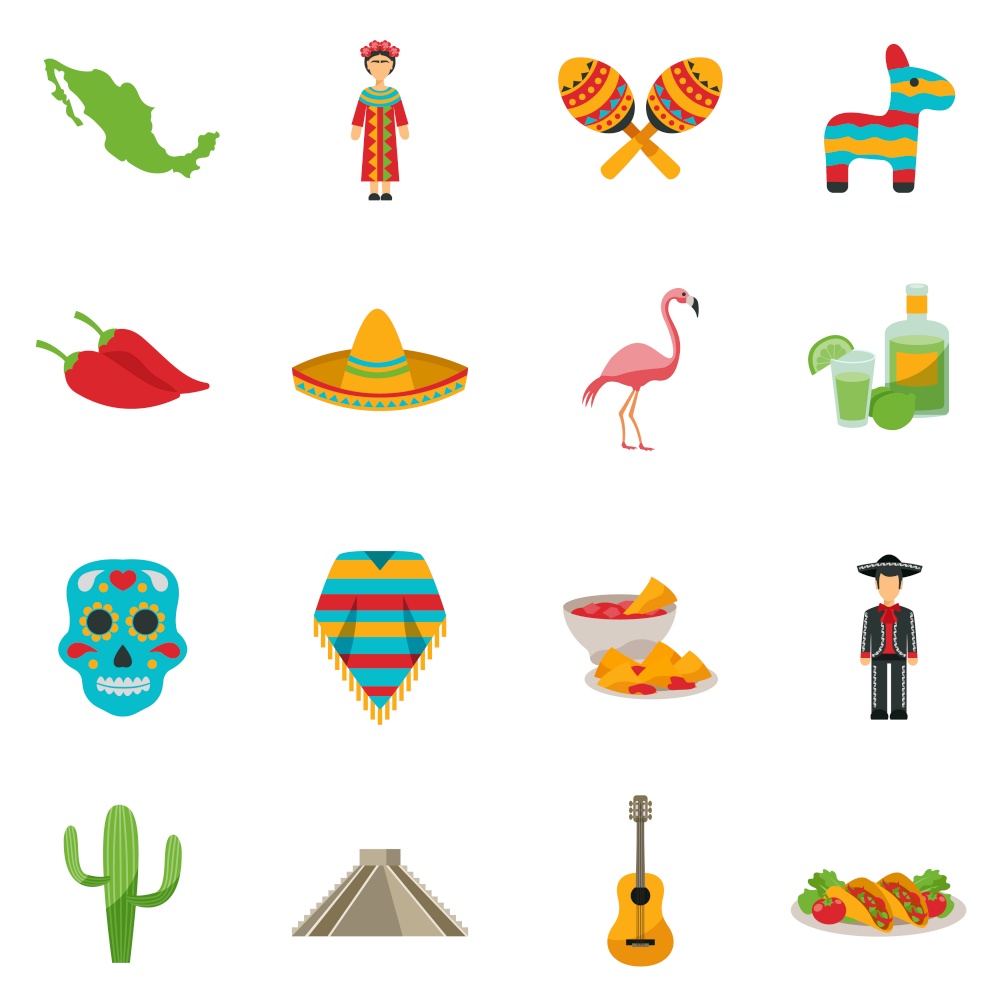 Set of flat icons with traditional food costumes animals and sightseeings of Mexico vector illustration. Mexico Flat Icon Set