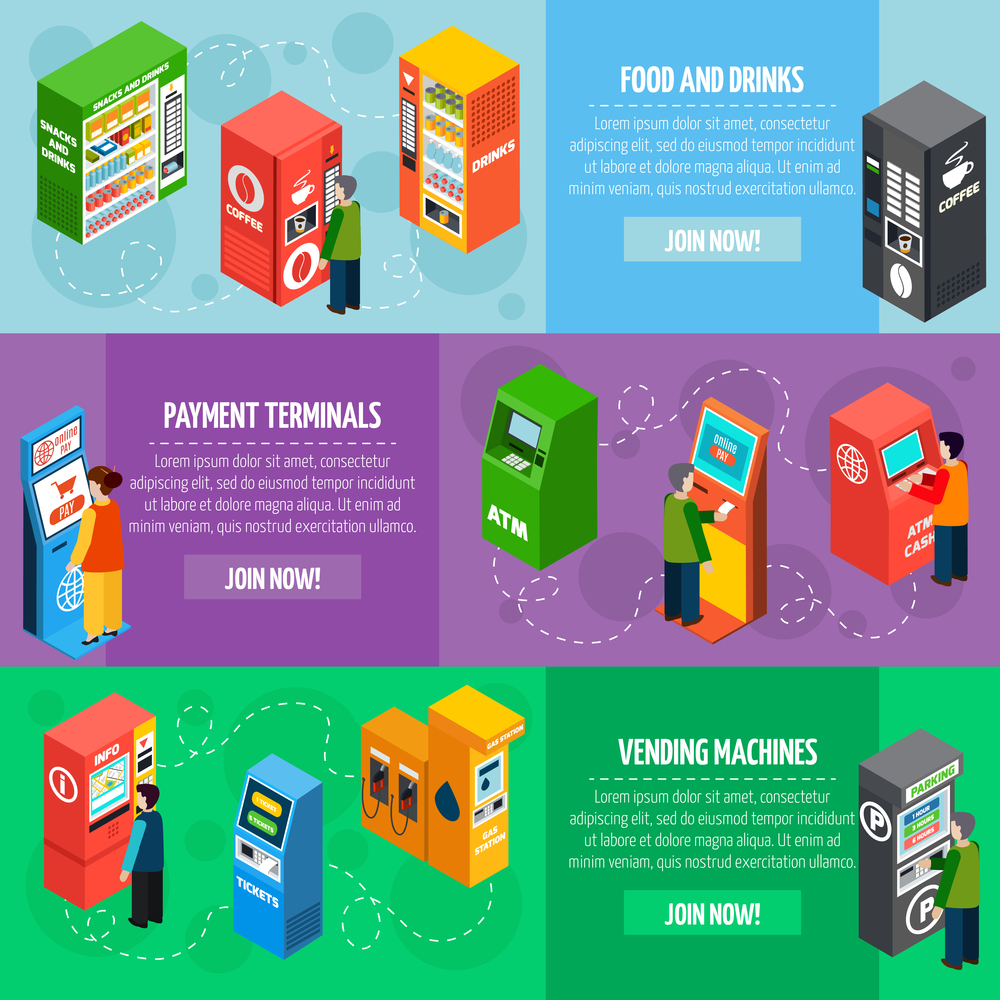 Vending food and drinks dispensers isometric banners set with payment and tickets selling machines isolated vector illustration. Vending Payment Machines Isometric Banners Set