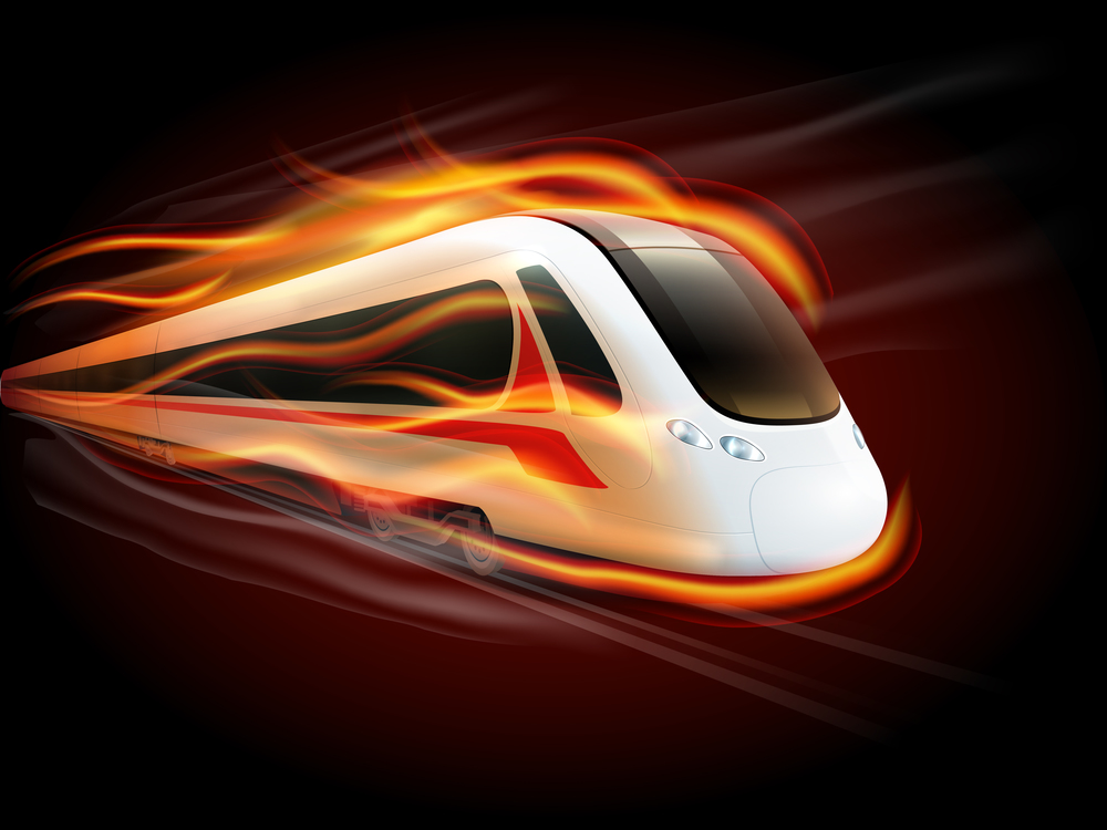 Night high-speed train on the way enwrapped in fire flames spectacular railways image poster print vector illustration . Speed Train Fire Black Background Design
