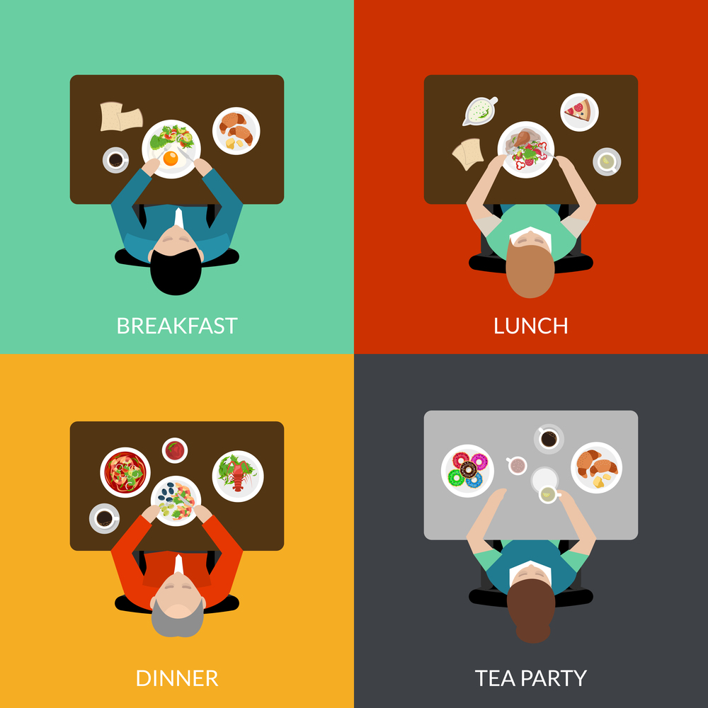Flat icon set with eating people with different variants of meal top view vector illustration. Meal Time Set
