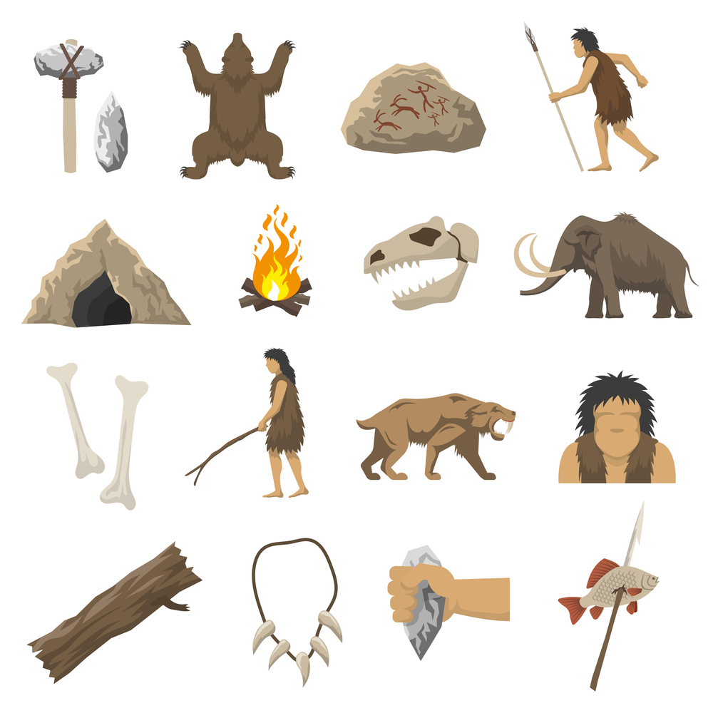 Set color icons with elements of life in stone age caveman cave bonfire mammoth bone isolated vector illustration. Stone Age Icons