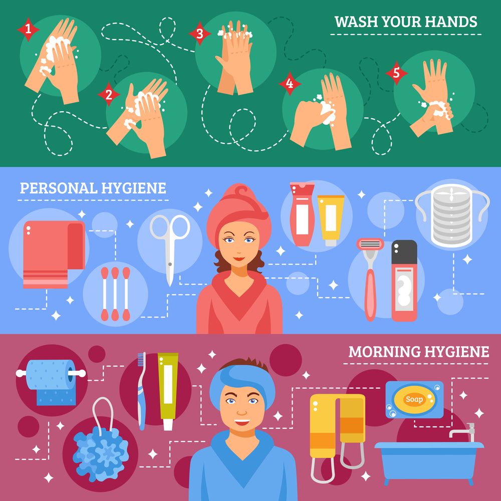 Morning personal hygiene and hands washing procedure inforaphic elements 3 flat banners set abstract isolated vector illustration. Personal Hygiene Flat Horizontal Banners Set