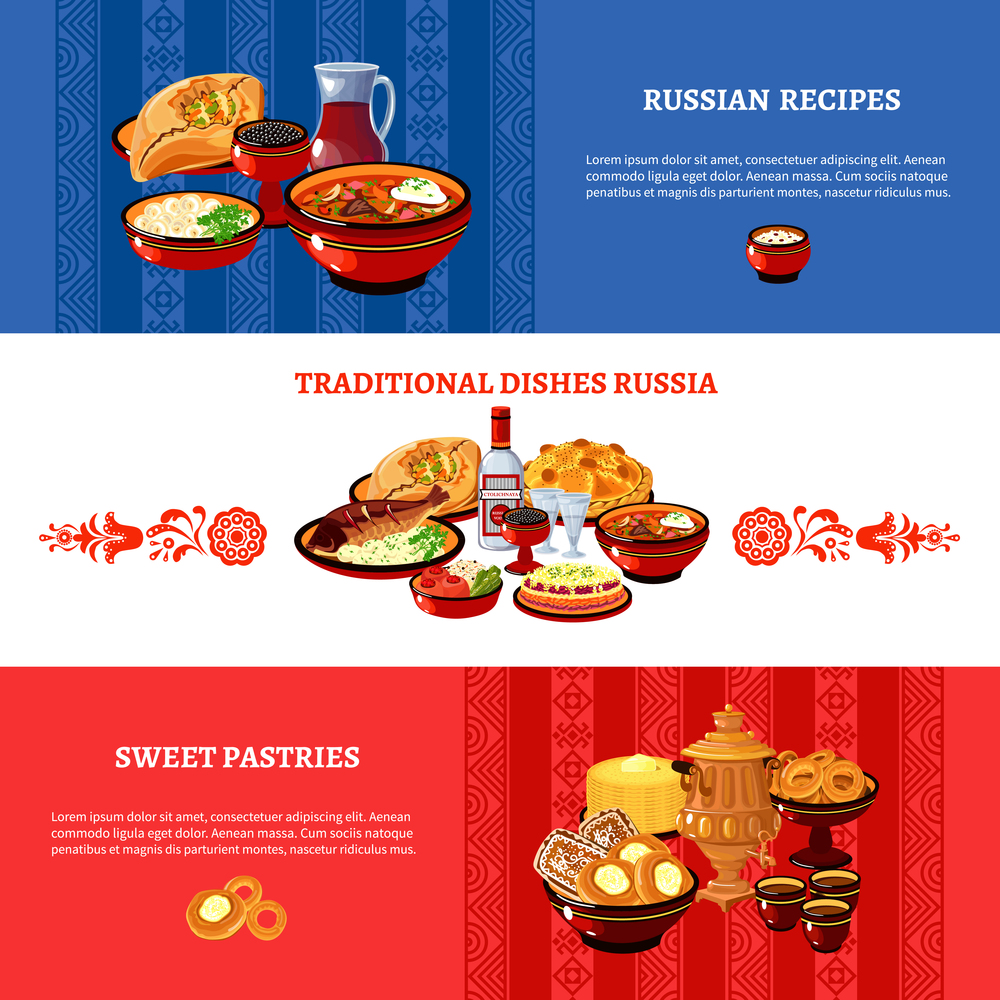 Russian cuisine flat national flag colors horizontal banners set with traditional dishes and pastry recipes abstract vector illustration. Russian Cuisine Flag Colors Banners Set