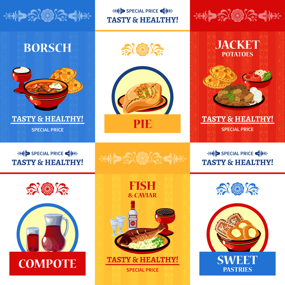 Russian cuisine special offer flat icons composition poster with fish and caviar main dish abstract isolated vector illustration. Russian Cuisine Flat Icons Composition Poster