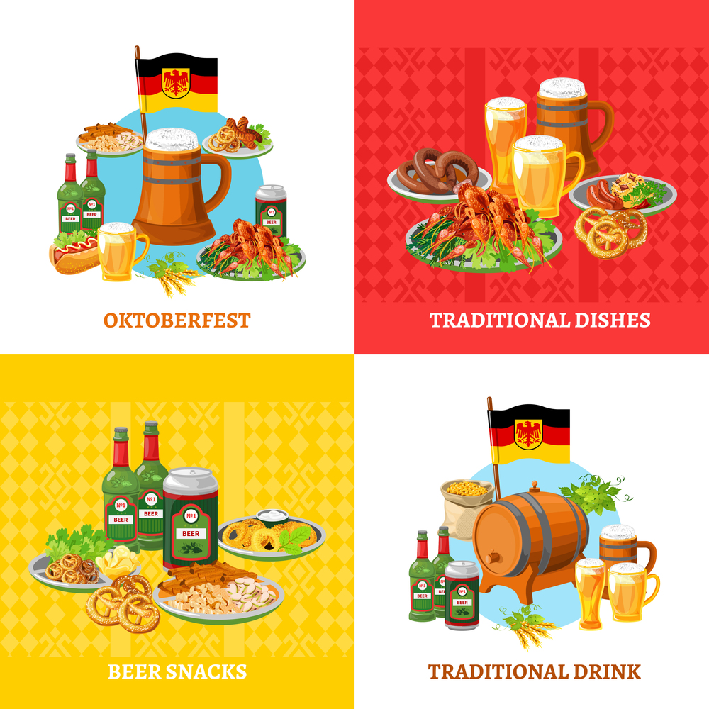 German traditional octoberfest festival 4 flat icons square composition banner with beer snacks abstract isolated vector illustration. Oktoberfest Concept 4 Flat Icons Square