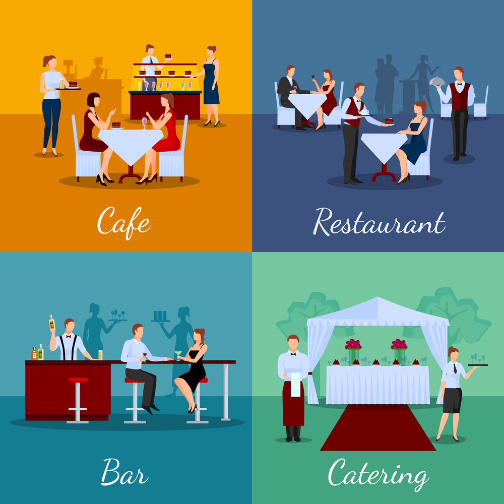 Catering concept icons set with cafe and bar symbols flat isolated vector illustration . Catering Concept Icons Set