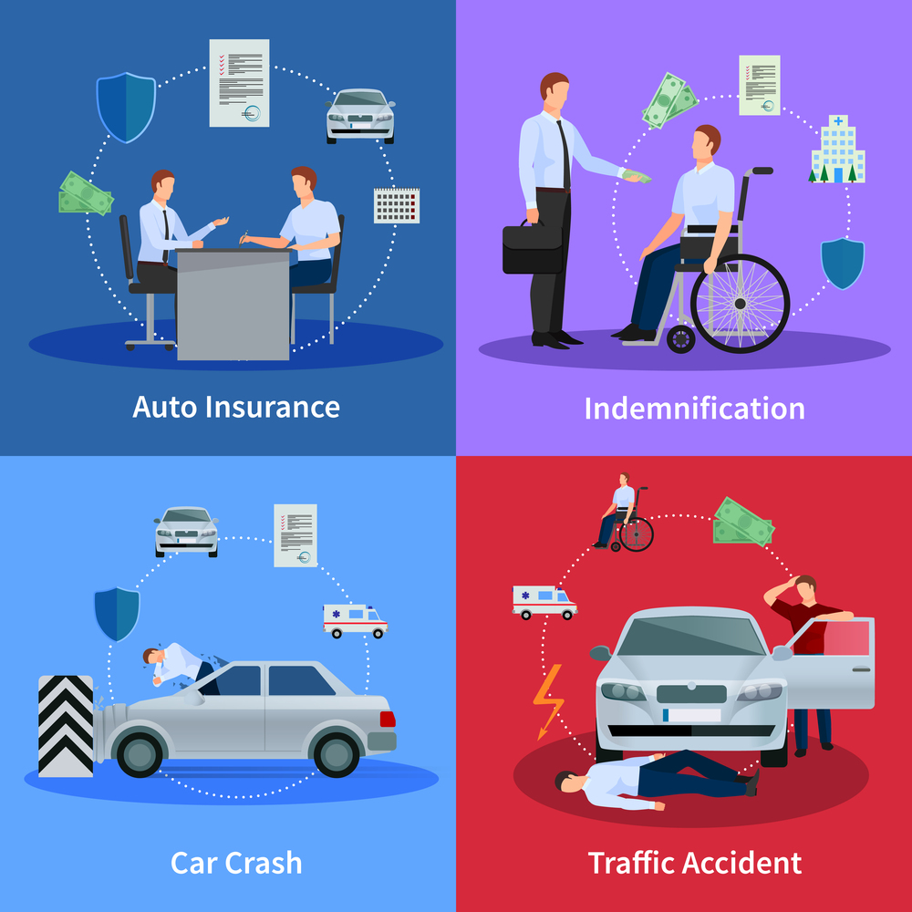 Auto insurance concept with car crash traffic accident and compensation isolated vector illustration. Auto Insurance Concept