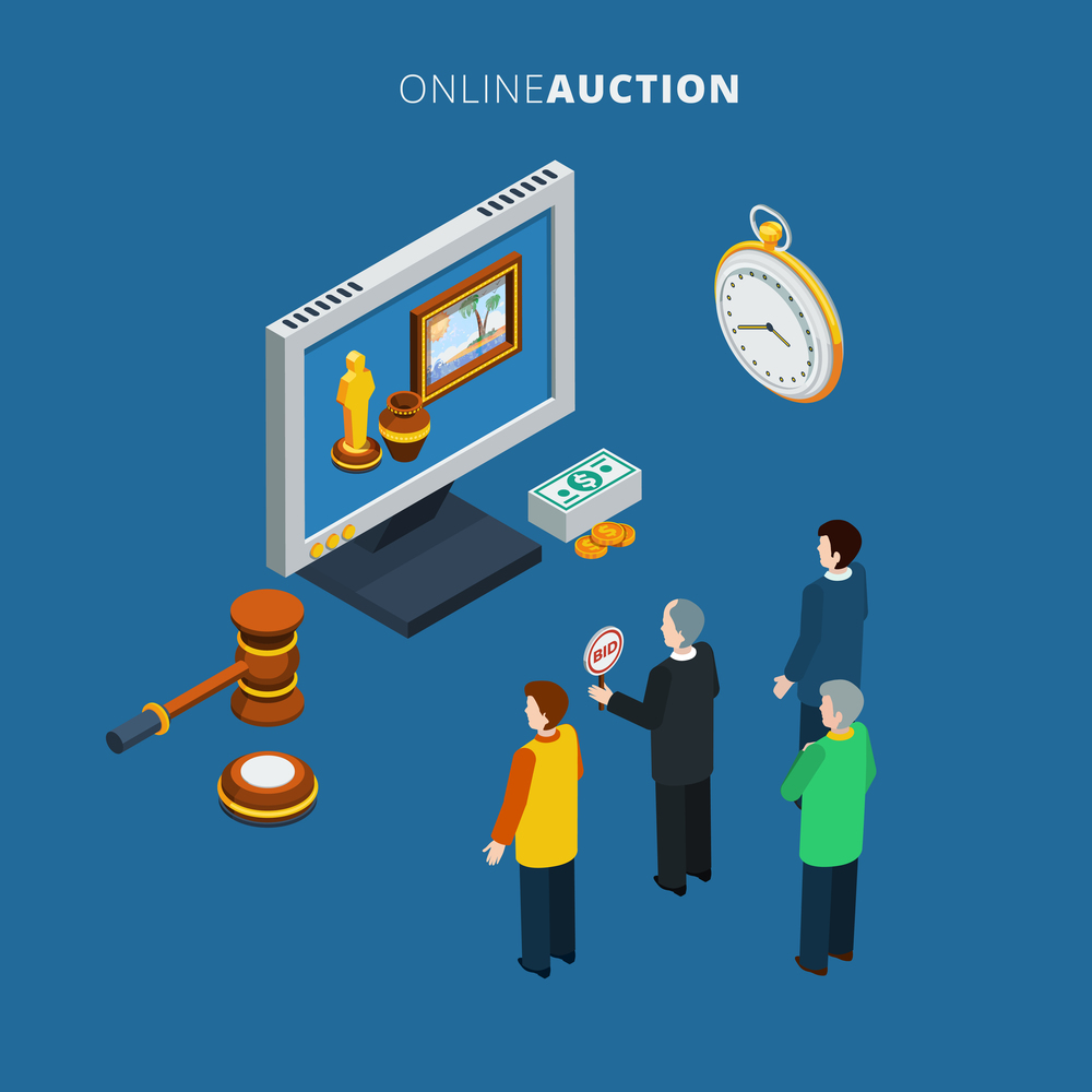 Online auction isometric with bidding man and different lots on the monitor vector illustration. Online Auction Isometric