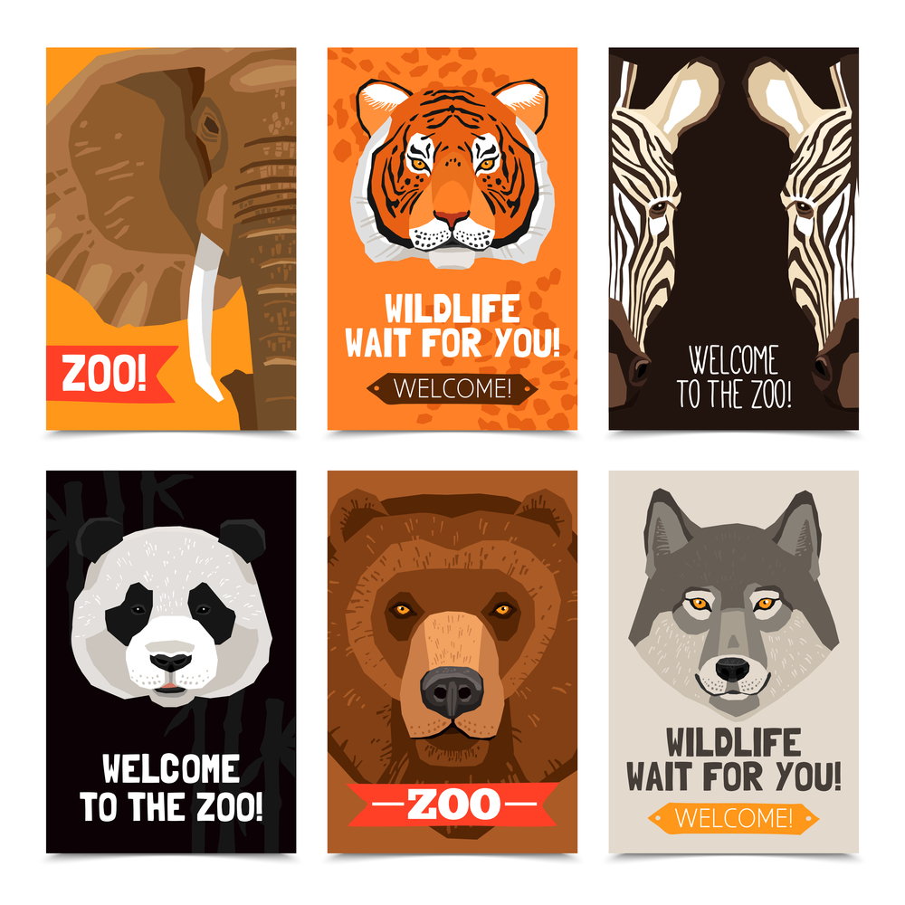 Mini posters set with different wild animals heads on each poster and zoo advertising flat vector illustration. Animals Mini Posters Set