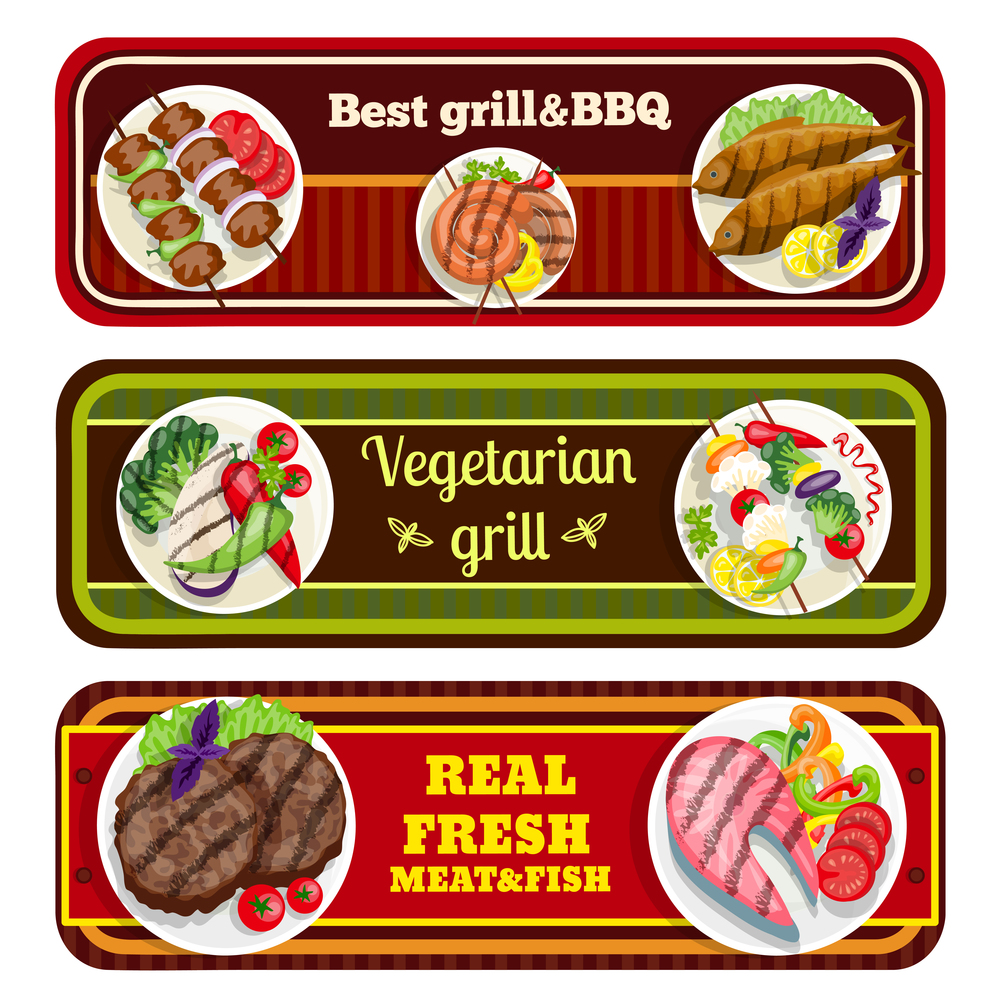 Grill dishes banners barbecue best fresh meat fish vegetarian food vector illustration. Grill Dishes Banners