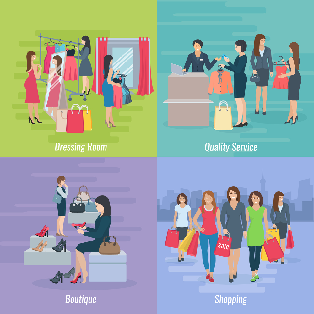 Flat composition 2x2 depicting woman shopping in boutique or mall vector illustration. Woman Shopping Flat Concept