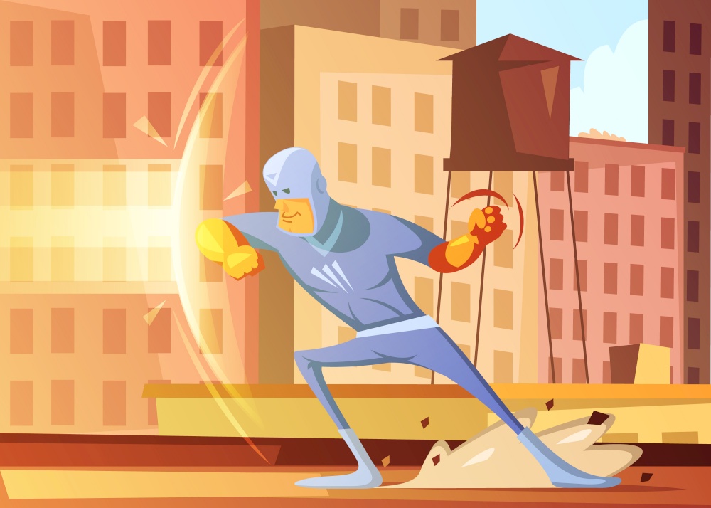 Superhero protecting the city from evil cartoon background with blocks of flats vector illustration . Superhero Protecting The City Illustration