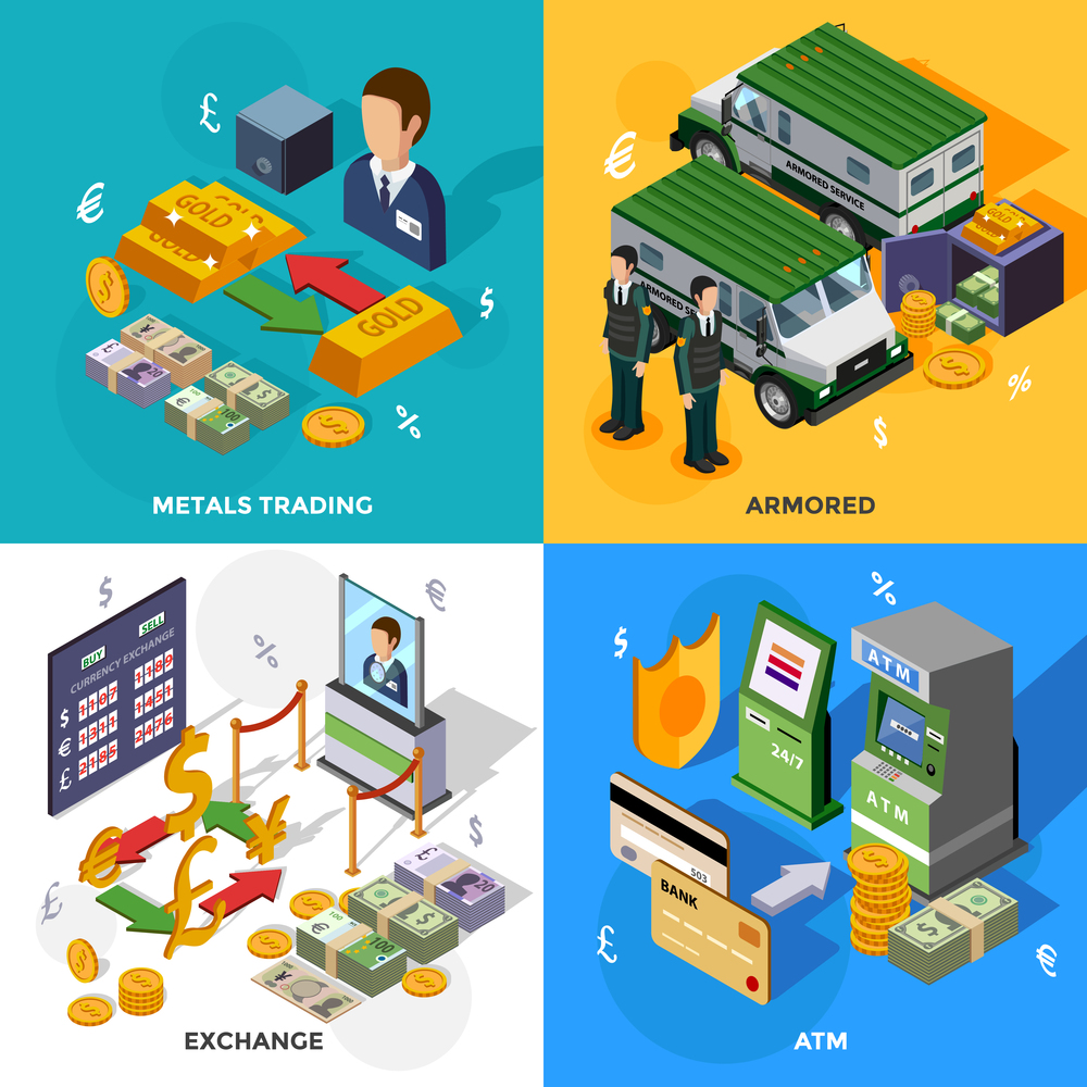 Bank 2x2 isometric design concept set with armored trucks cash machines metals trading and exchange rate compositions vector illustration. Bank 2x2 Isometric Design Concept