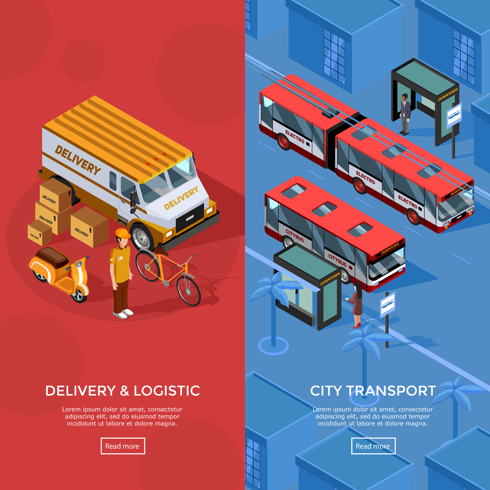 Two vertical isometric transport banners set of city transport and logistic compositions with passengers waiting at bus stop delivery automobile courier and scooter vector illustration. Two Vertical Isometric Transport Banners