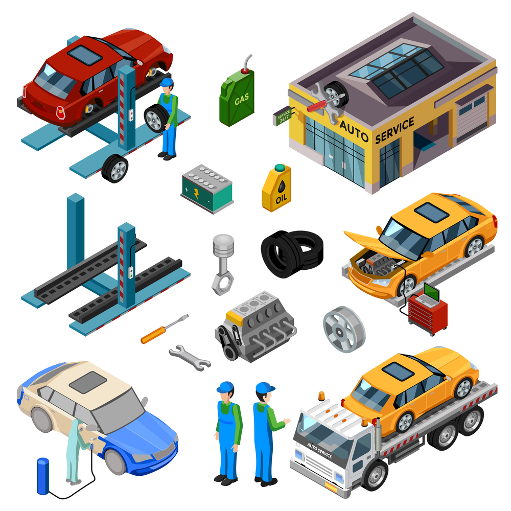 Car service isometric decorative icons set with workshop tow truck jack mechanic tools for repair and working staff vector illustration . Car Service Isometric Decorative Icons
