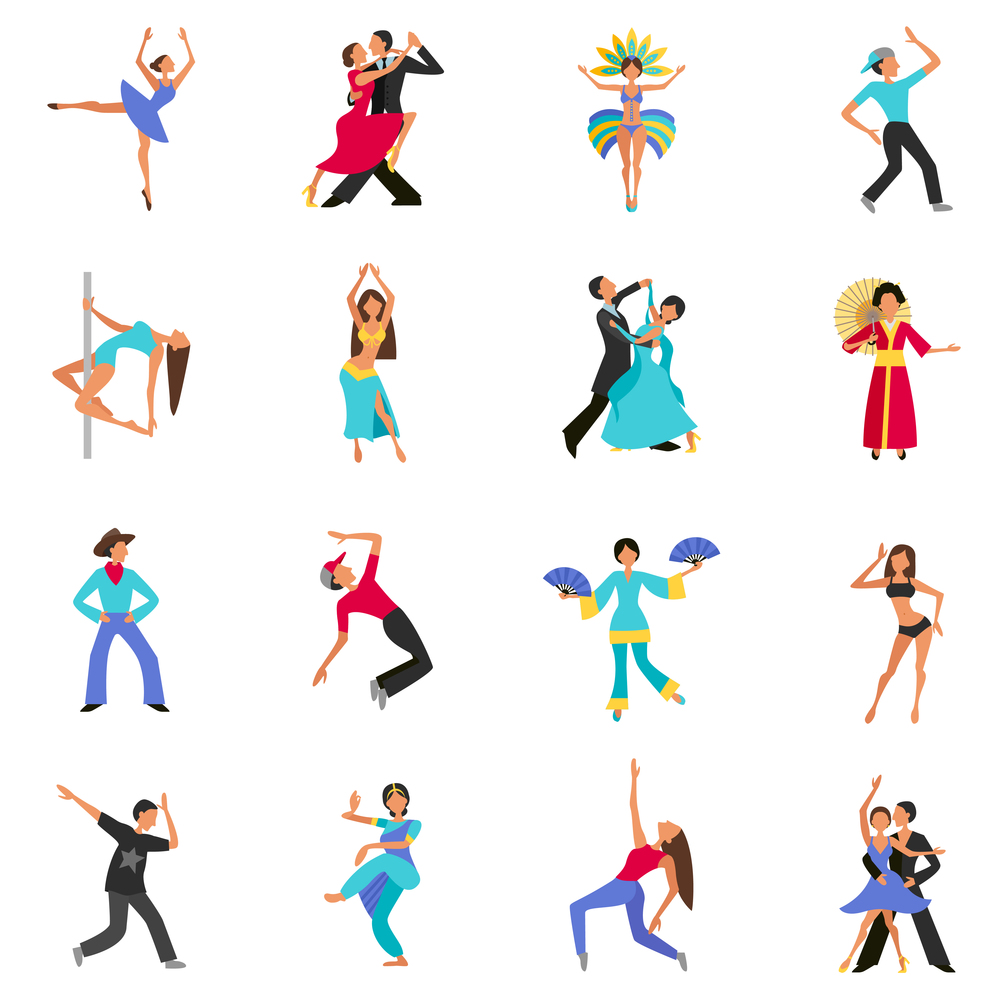 Set of color flat icons with figure people dancing vector illustration. Dance Icon Flat