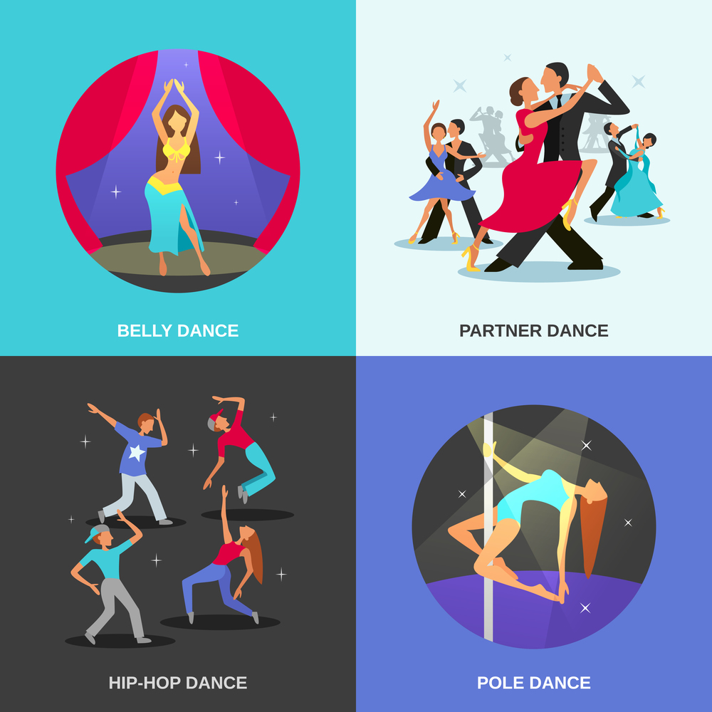 Color flat concept 2x2 depicting different dance style belly hip-hop partner pole vector illustration. Dance Flat Concept
