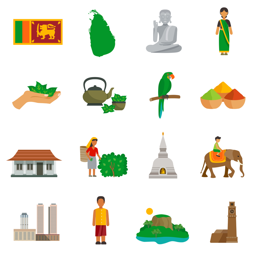 Set of color flat icons of Sri Lanka landmarks and culture features vector illustration. Sri Lanka Icons