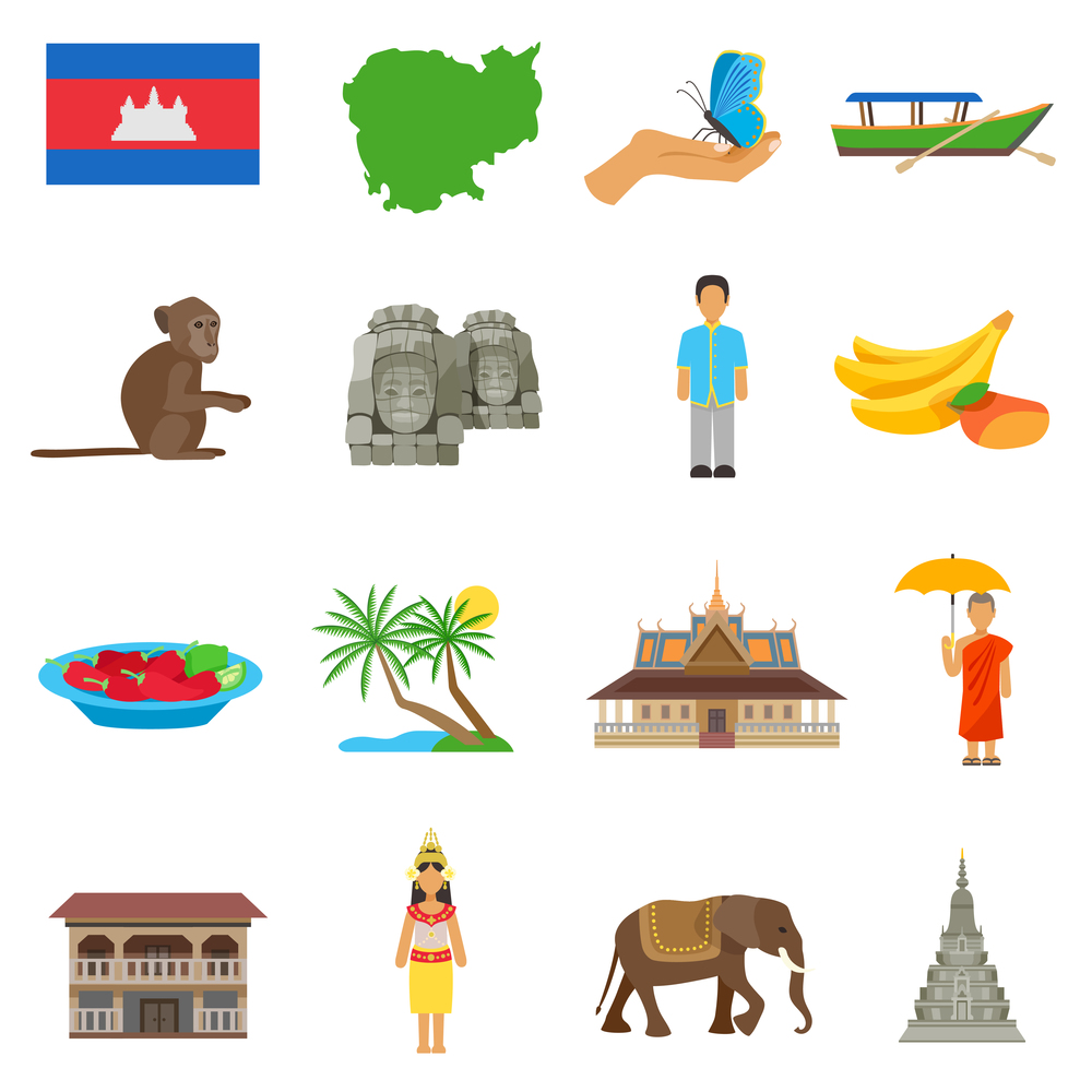 Cambodian culture for tourits flat icons collection with boat temple and exotic animals abstract isolated vector illustration. Cambodia Culture Flat Icons Set