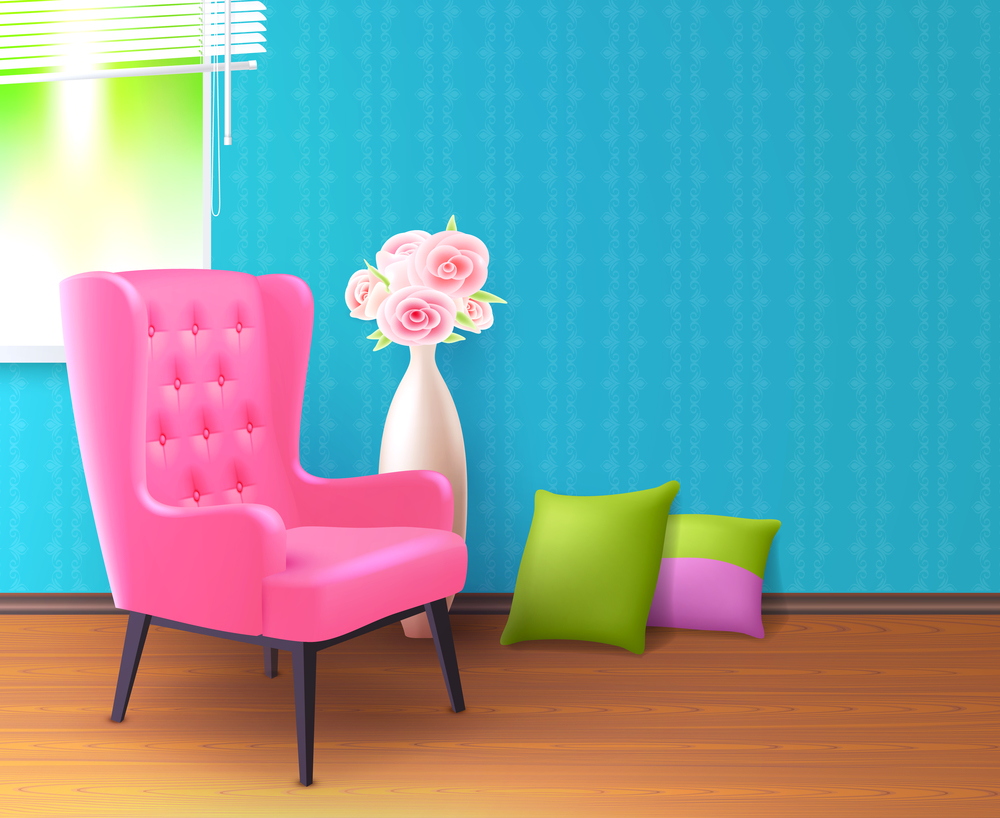 Cute pink realistic soft chair interior poster with pillows on the floor and colored walls around vector illustration. Pink Chair Realistic Interior Poster