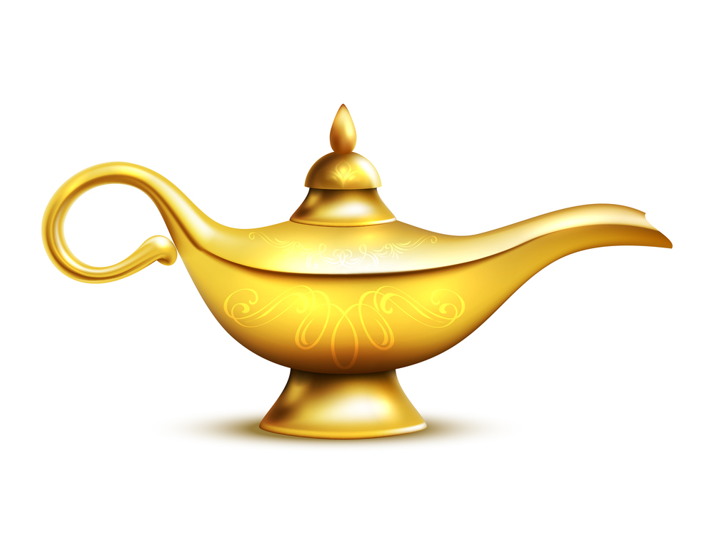 Aladdin yellow iron lamp isolated icon with shadow and ornaments on white background vector illustration. Aladdin Lamp Isolated Icon