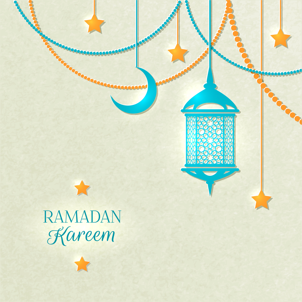Ramadan light color poster with beads yellow lamp and stars hanging from the ceiling on gray background vector illustration. Ramadan Light Color Poster